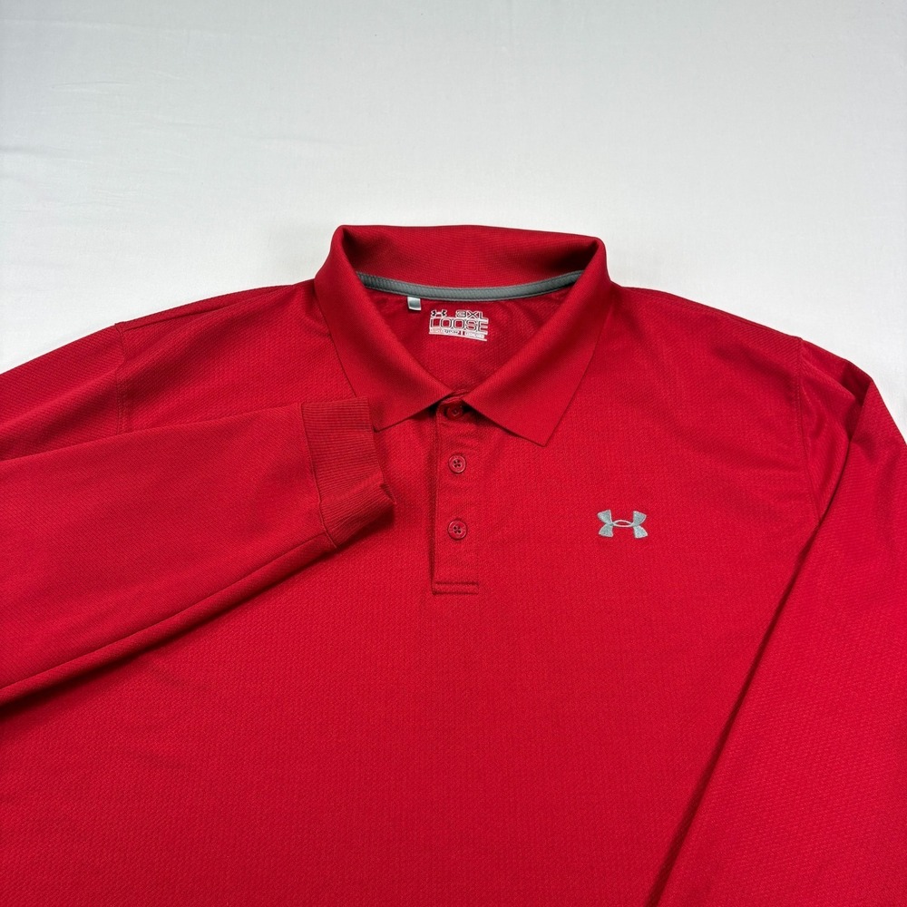 Under Armour Polo Shirt Mens 3XL Red Golf Heat Gear Long Sleeve Performance